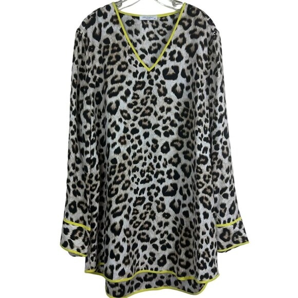 Equipment Dalton Leopard Print Tunic Top With Yellow Trim V-Neck Long Sleeve Wom - Picture 1 of 11